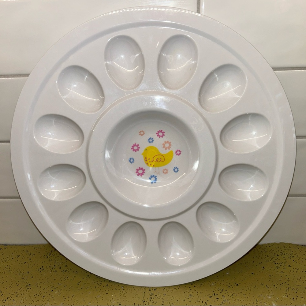 Easter Deviled Egg Serving Platter Plate 12 Egg Tray White Baby Chick 12 inch